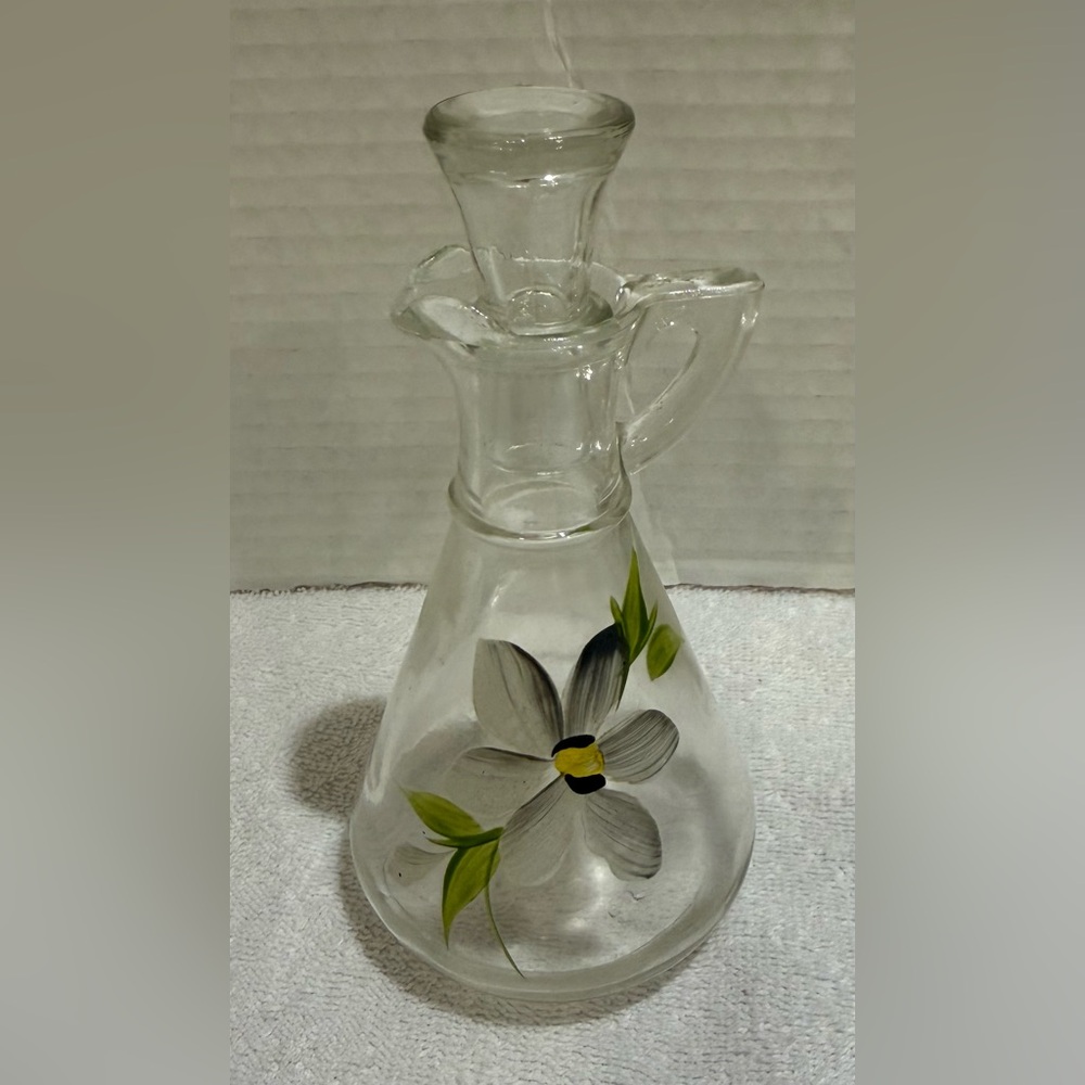 Vintage 1960s Hazel Atlas Hand Painted Daisy Design Clear Glass Cruet